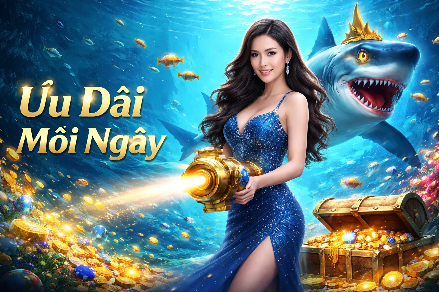 Hình ảnh trò chơi Bắn Cá Thần Tài với các biểu tượng may mắn và tiền vàng